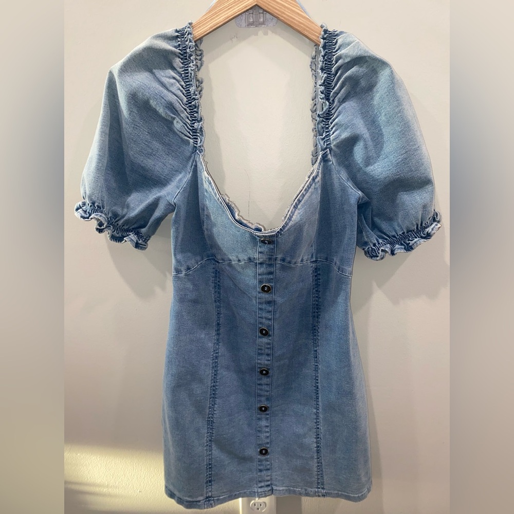 Altar'd State Blue Denim Puff Sleeve Square Neck Button Bodycon Dress Size Large